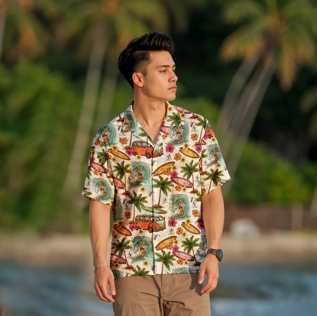 "Microbus and Surfboards" Hawaiian Shirt - Polyester With Coconut Buttons!