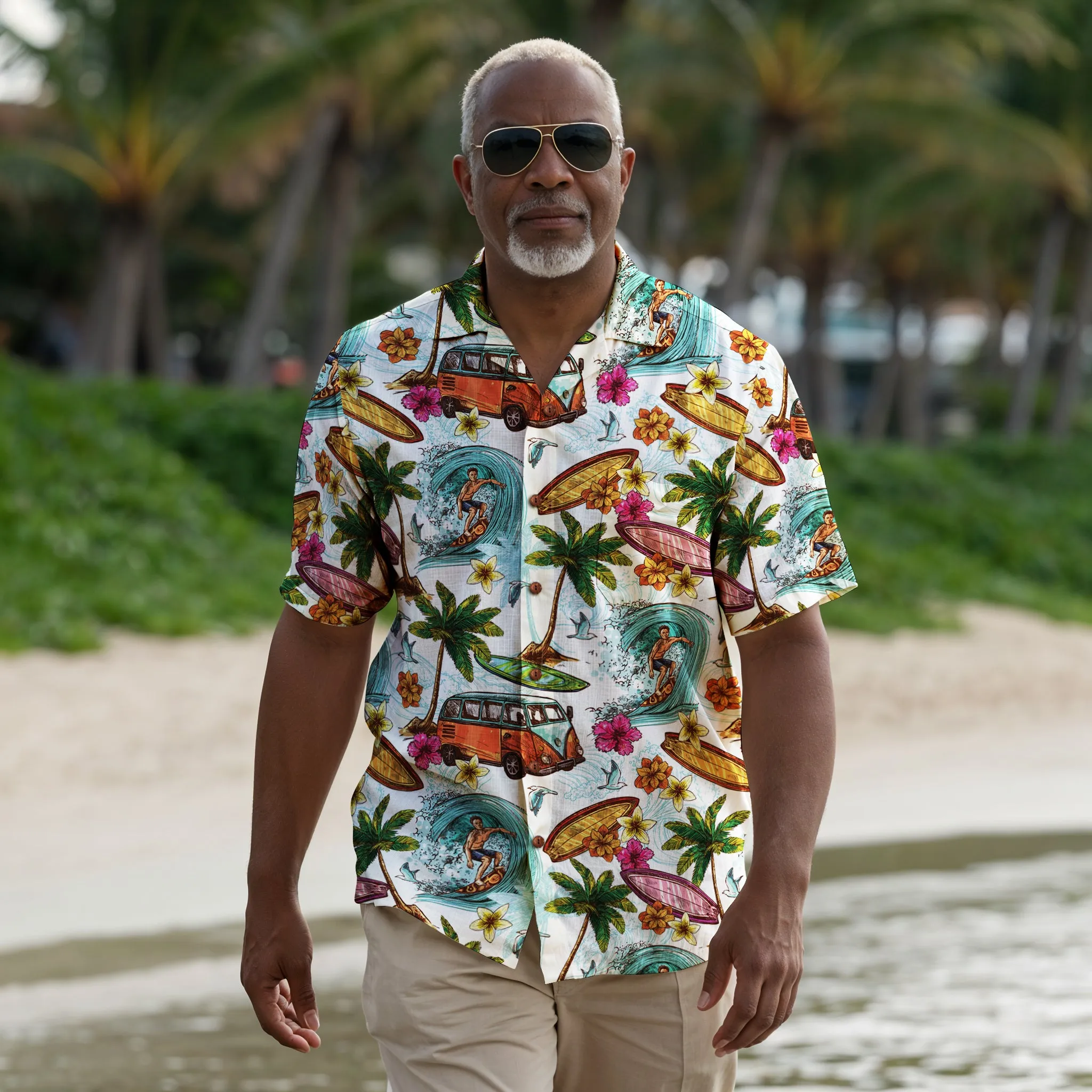 "Microbus and Surfboards" Hawaiian Shirt - Polyester With Coconut Buttons!