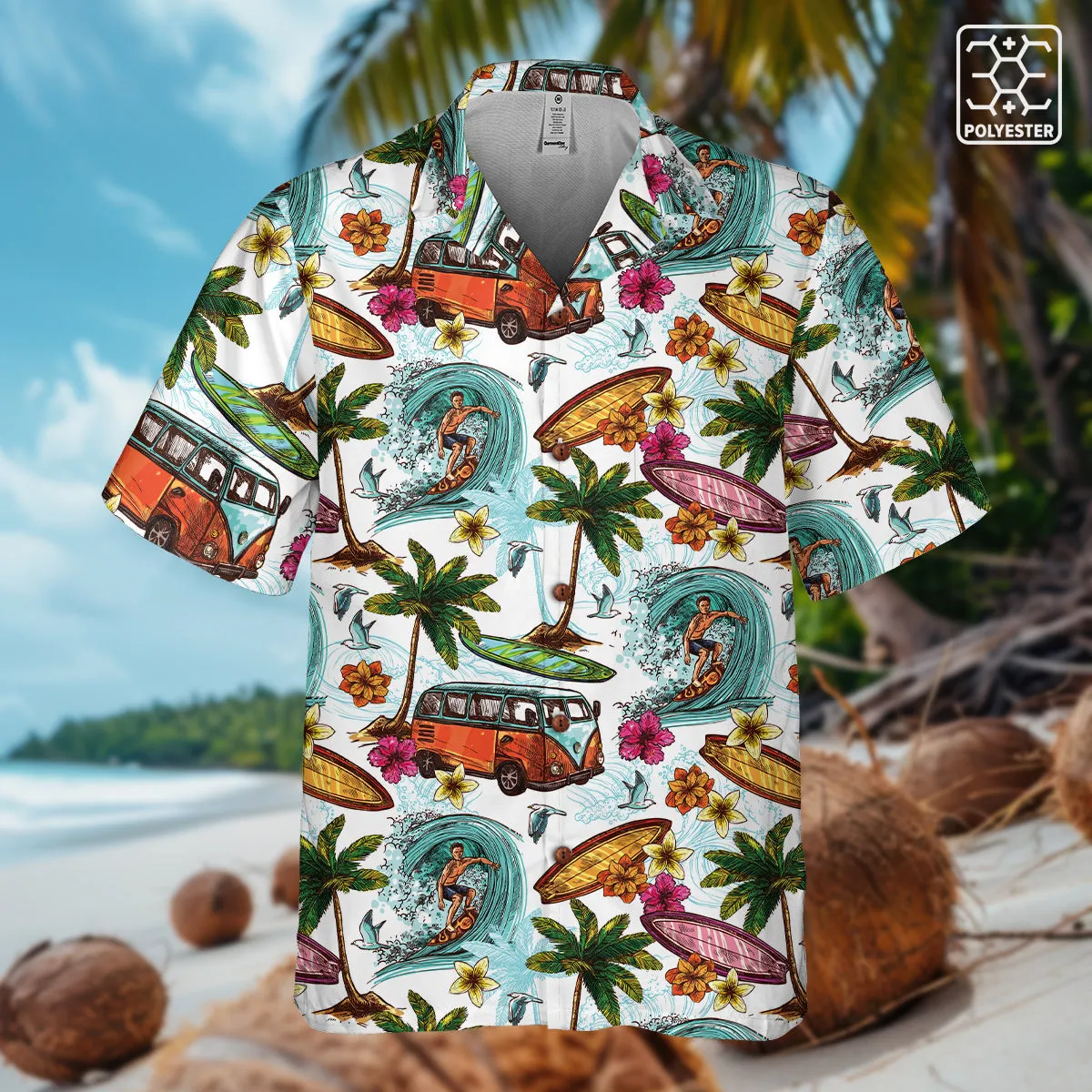 "Microbus and Surfboards" Hawaiian Shirt - Polyester With Coconut Buttons!