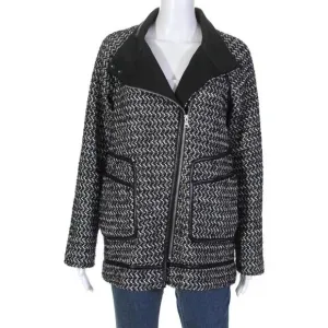 Rebecca‎ Taylor Coat Womens 10 Black White Lambskin Leather Trim Tweed Moto $495