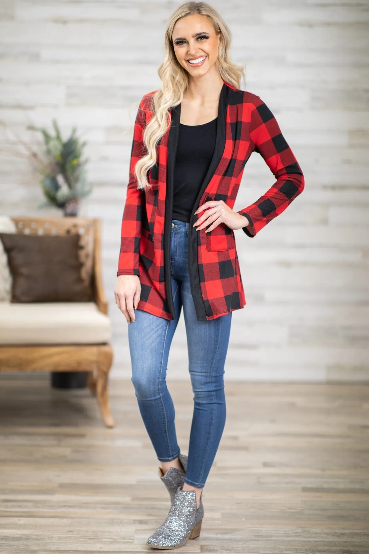 Red Buffalo Plaid Cardigan With Pockets
