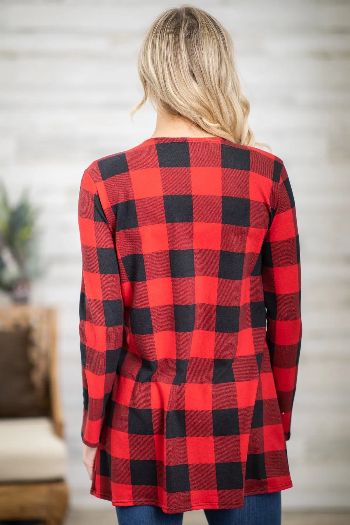 Red Buffalo Plaid Cardigan With Pockets