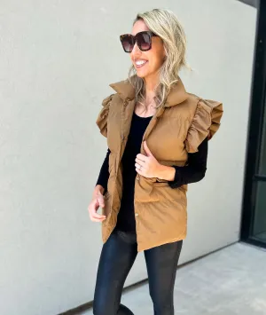 Remi Ruffle Sleeve Oversized Down Vest (Carmel)