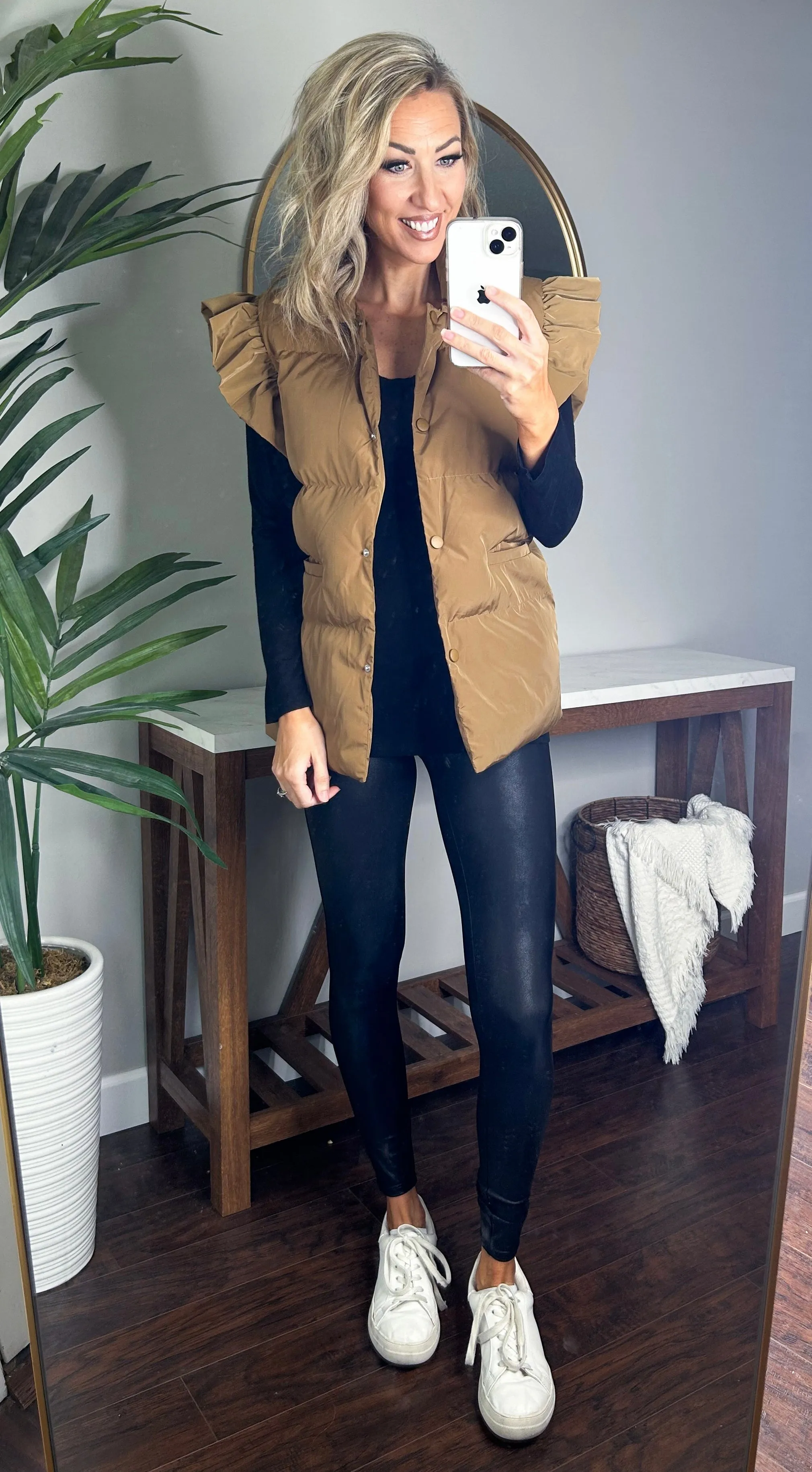 Remi Ruffle Sleeve Oversized Down Vest (Carmel)