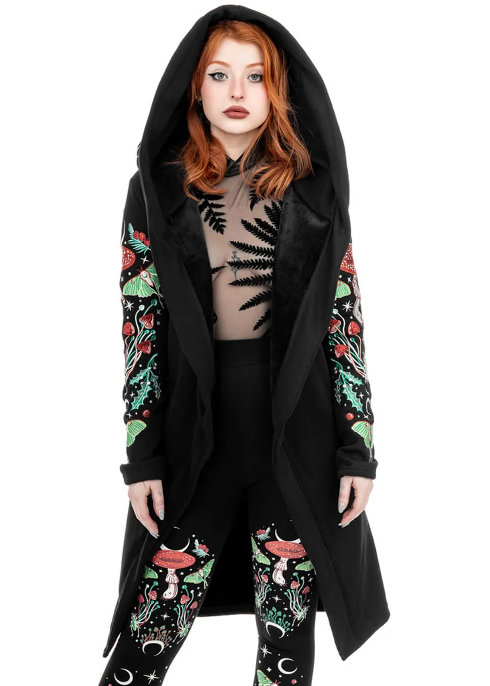 Restyle Autumnal Equinox Moth Mushroom Embroidery Hoodie Black