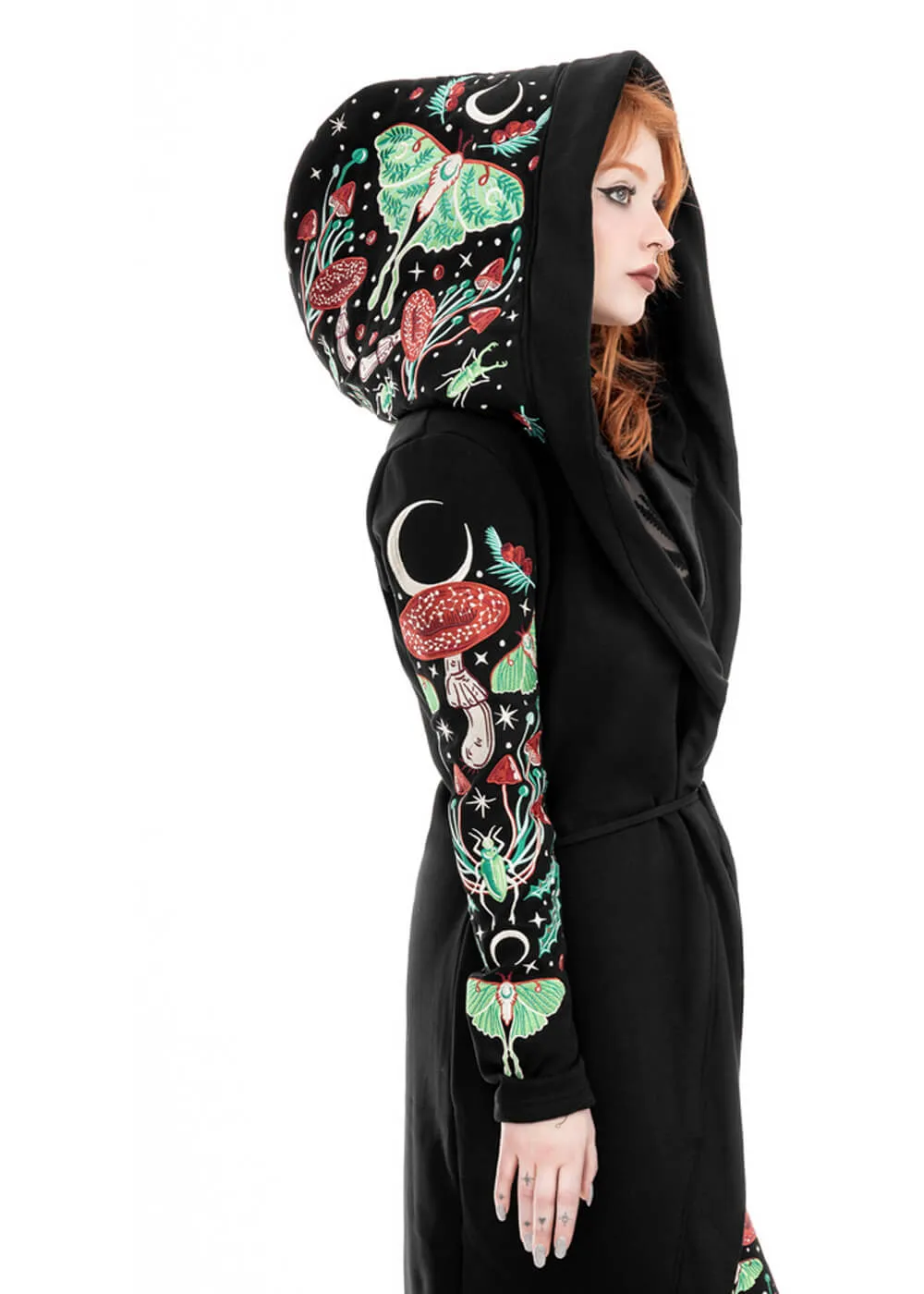 Restyle Autumnal Equinox Moth Mushroom Embroidery Hoodie Black