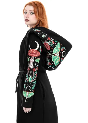 Restyle Autumnal Equinox Moth Mushroom Embroidery Hoodie Black