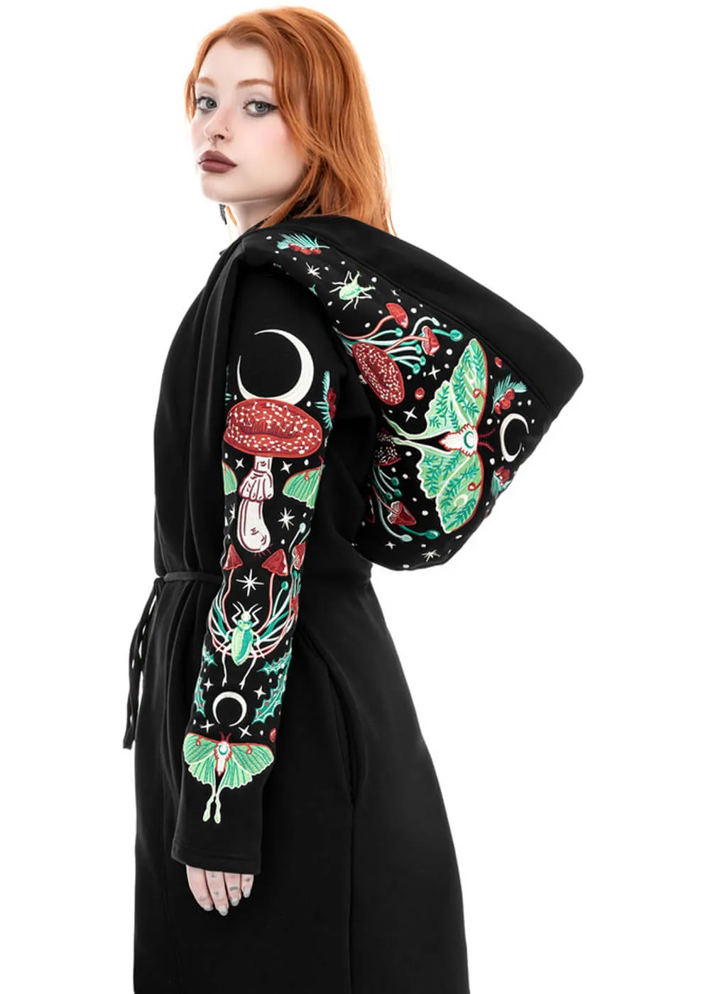 Restyle Autumnal Equinox Moth Mushroom Embroidery Hoodie Black