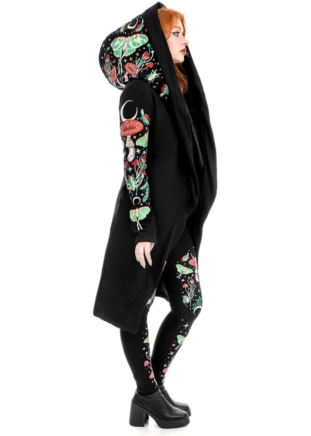 Restyle Autumnal Equinox Moth Mushroom Embroidery Hoodie Black