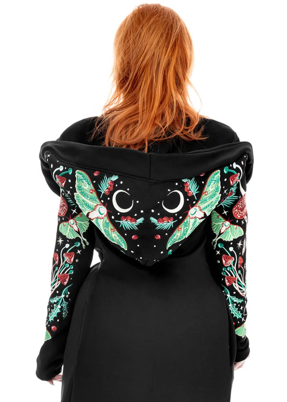 Restyle Autumnal Equinox Moth Mushroom Embroidery Hoodie Black