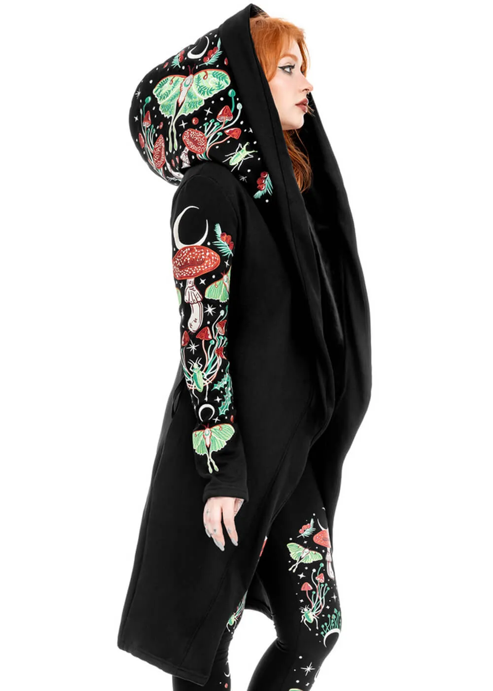 Restyle Autumnal Equinox Moth Mushroom Embroidery Hoodie Black