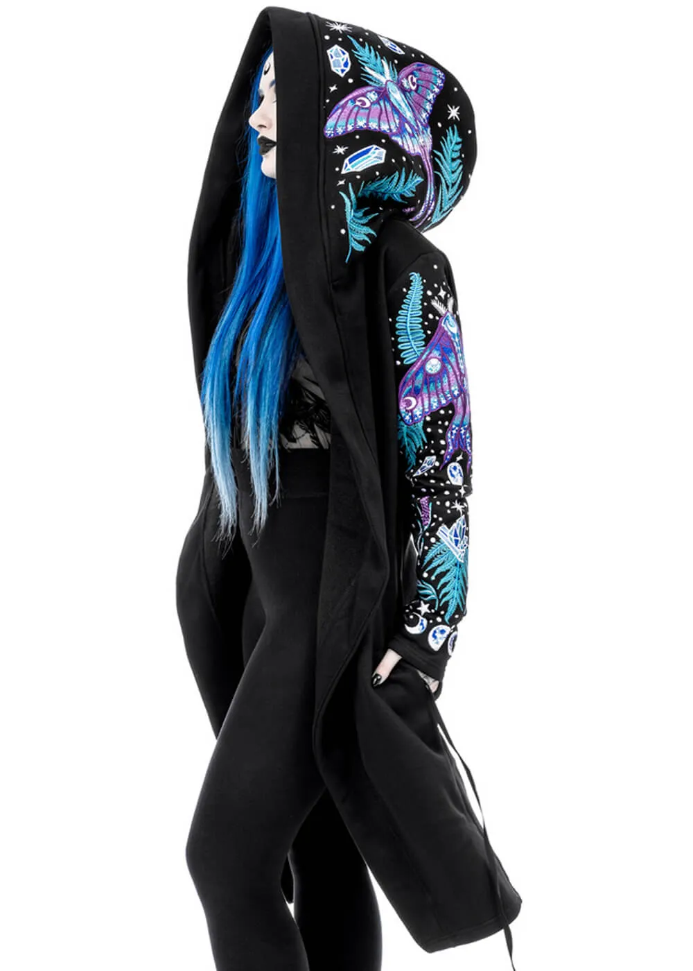 Restyle Enchanted Forest Moth Fern Embroidery Hoodie Black