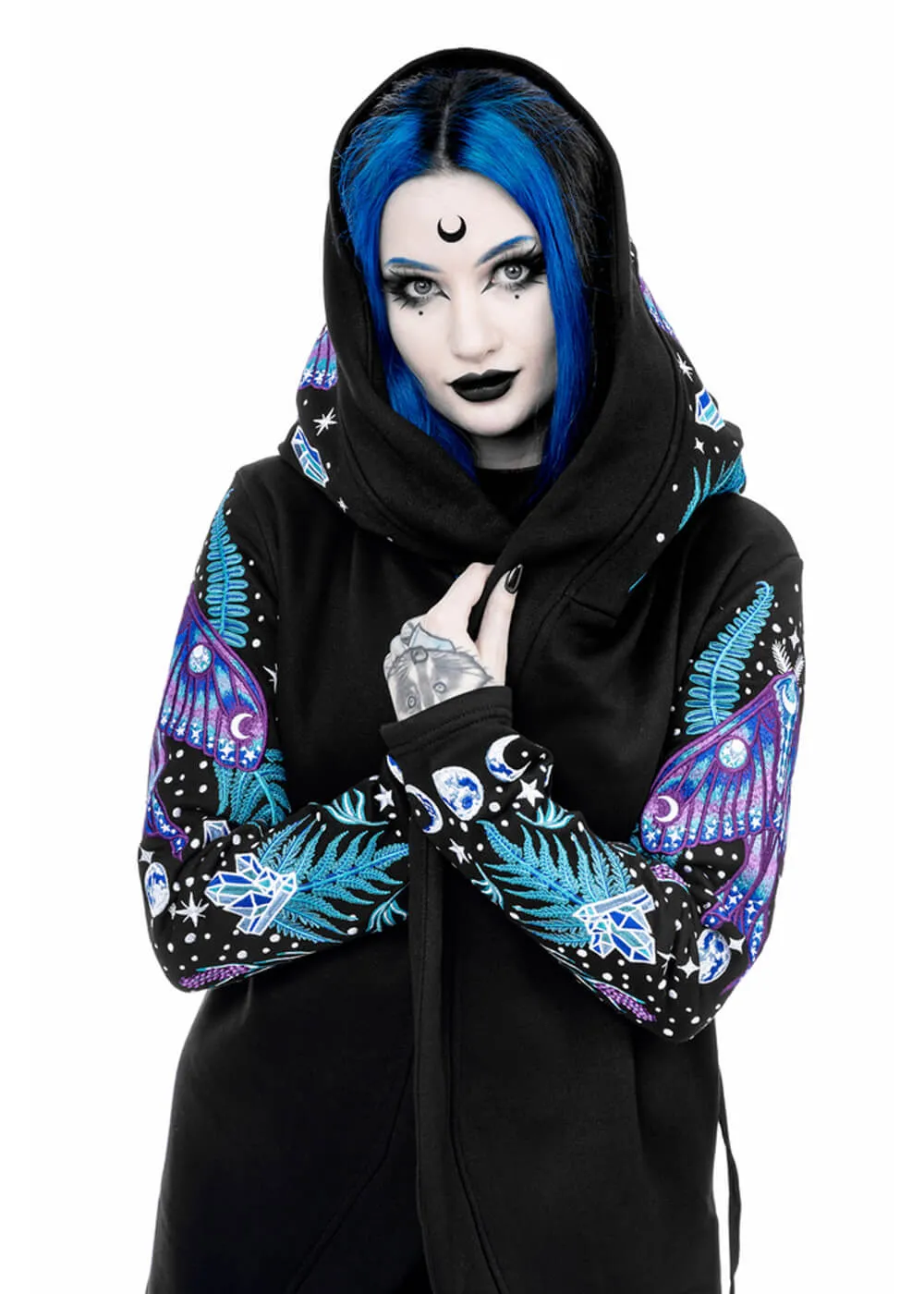 Restyle Enchanted Forest Moth Fern Embroidery Hoodie Black