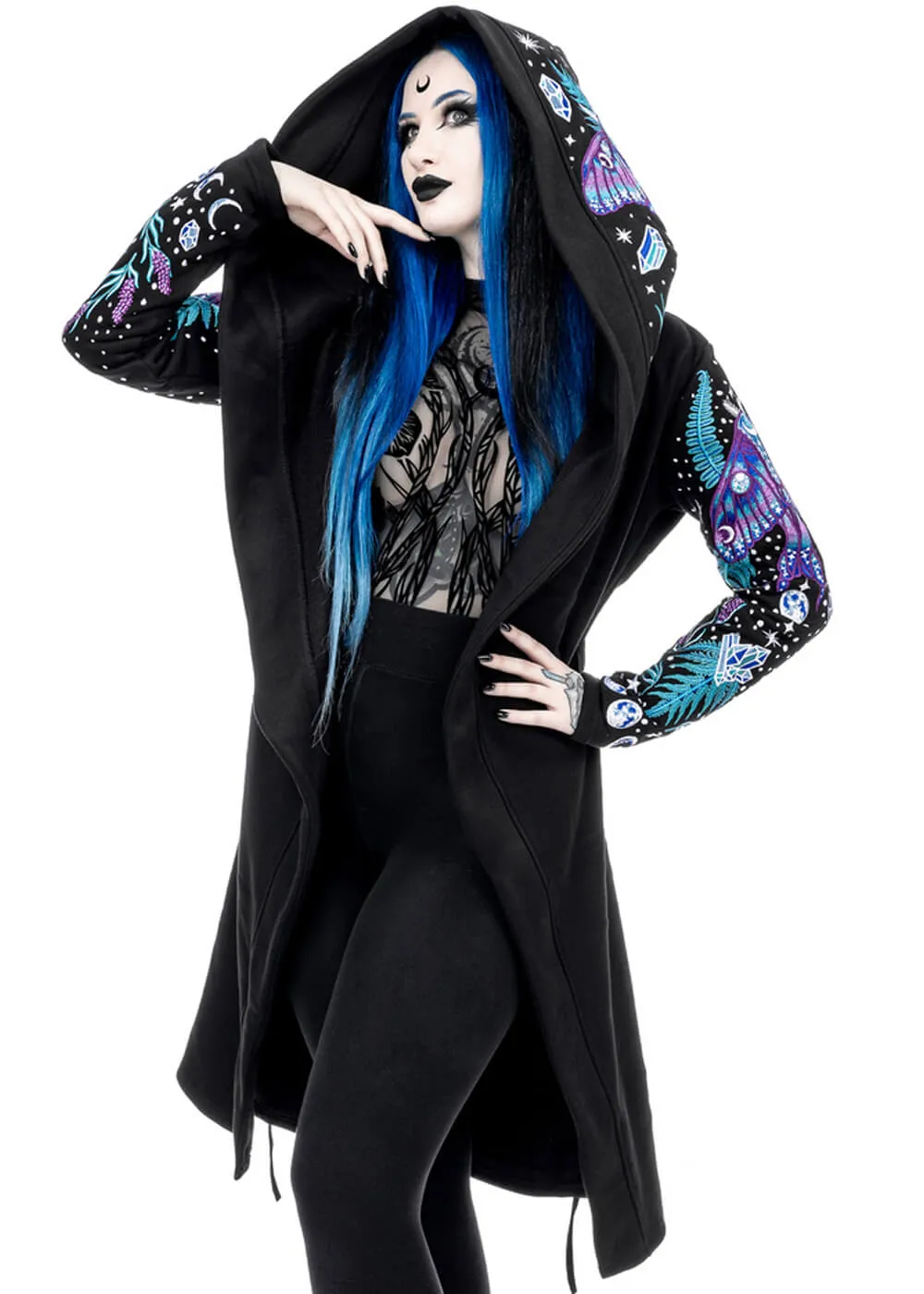 Restyle Enchanted Forest Moth Fern Embroidery Hoodie Black