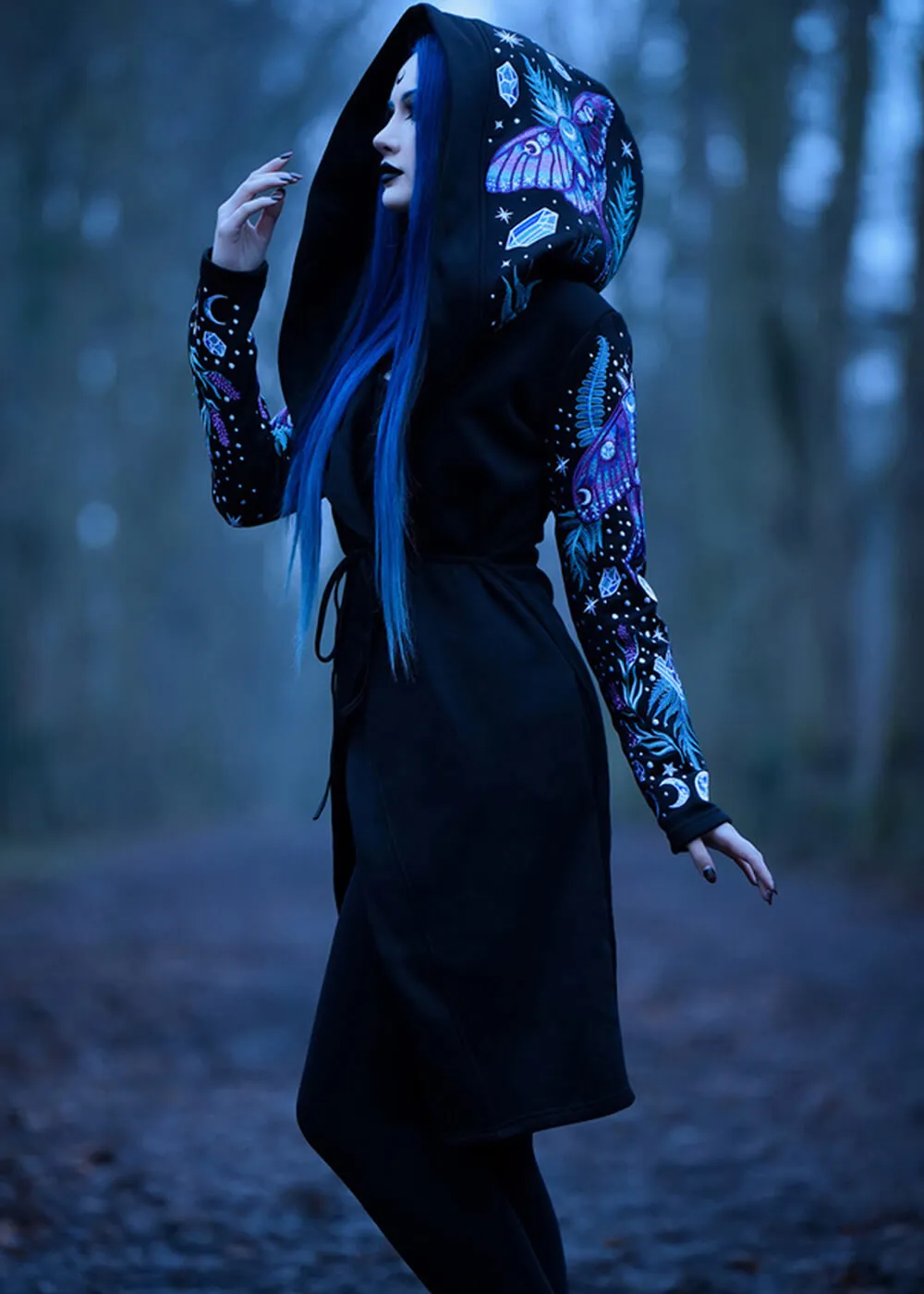 Restyle Enchanted Forest Moth Fern Embroidery Hoodie Black