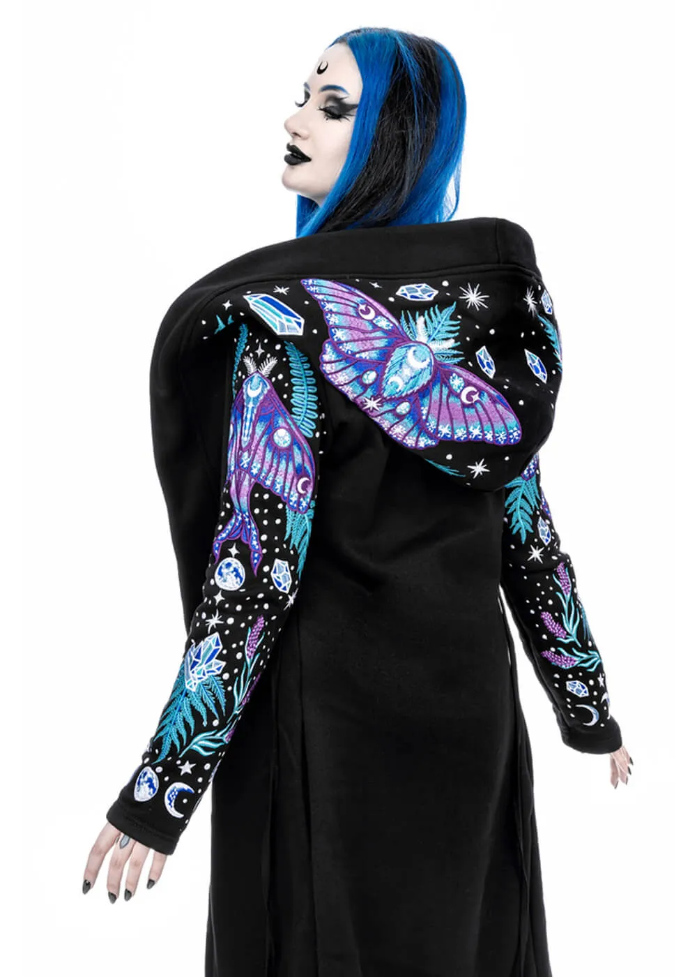 Restyle Enchanted Forest Moth Fern Embroidery Hoodie Black