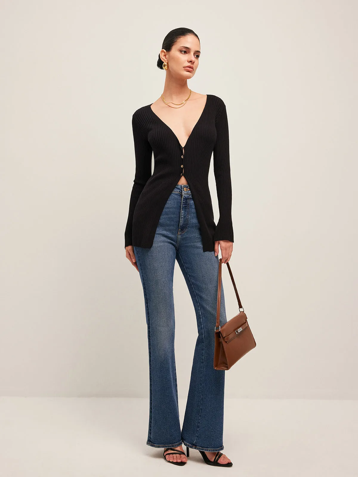Ribbed Slit Button Cardigan