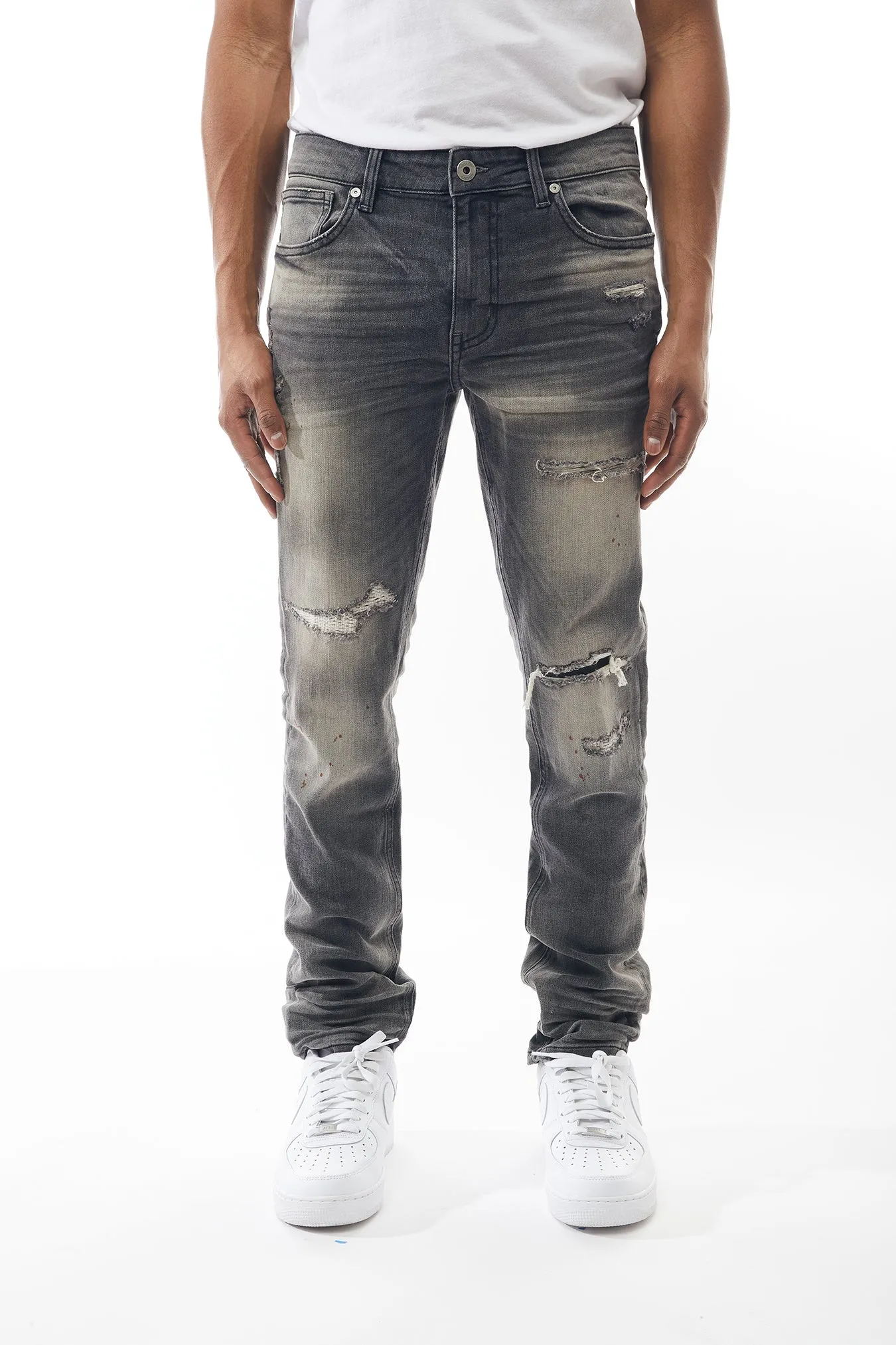 Ripped and Repaired Denim Jeans in Dove
