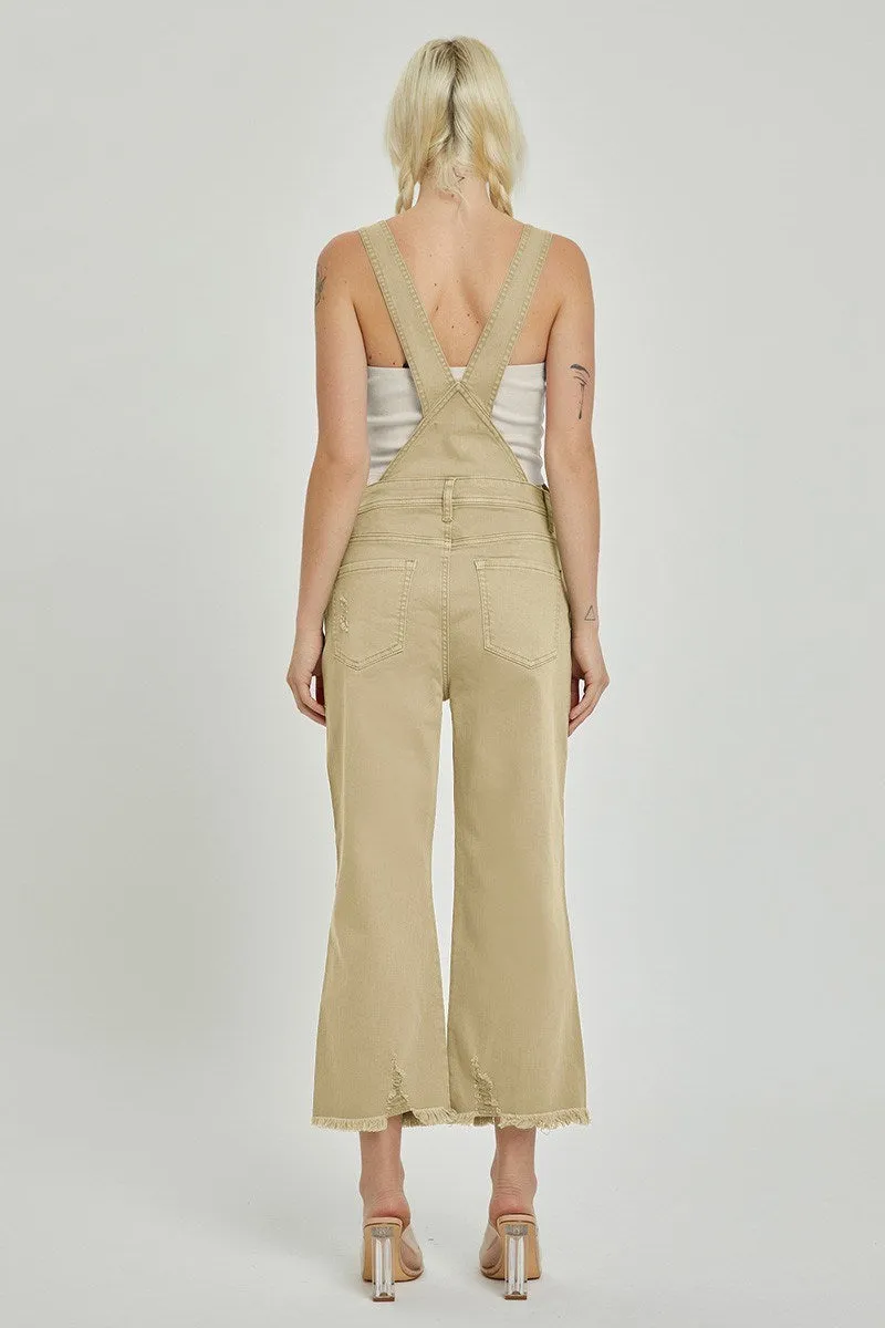 Risen High Rise Distressed Strait Overalls in Sand