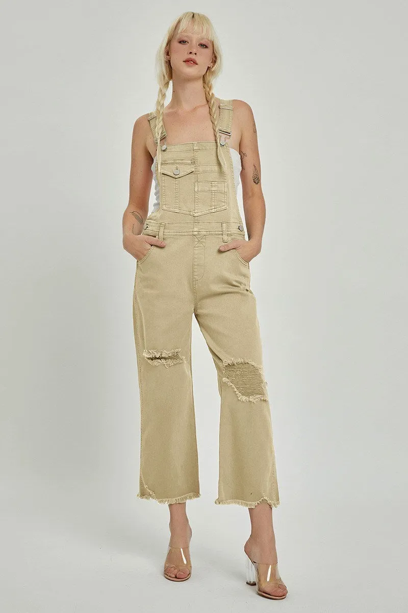 Risen High Rise Distressed Strait Overalls in Sand