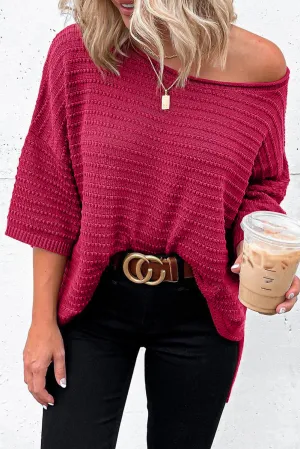 Rose Beige Textured Knit Drop Shoulder Tee