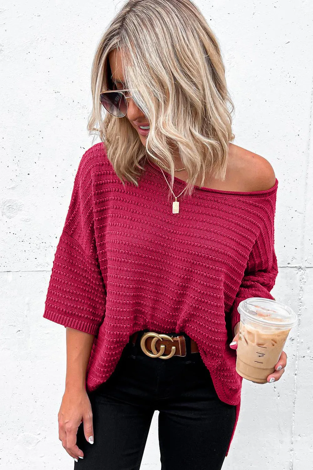 Rose Beige Textured Knit Drop Shoulder Tee