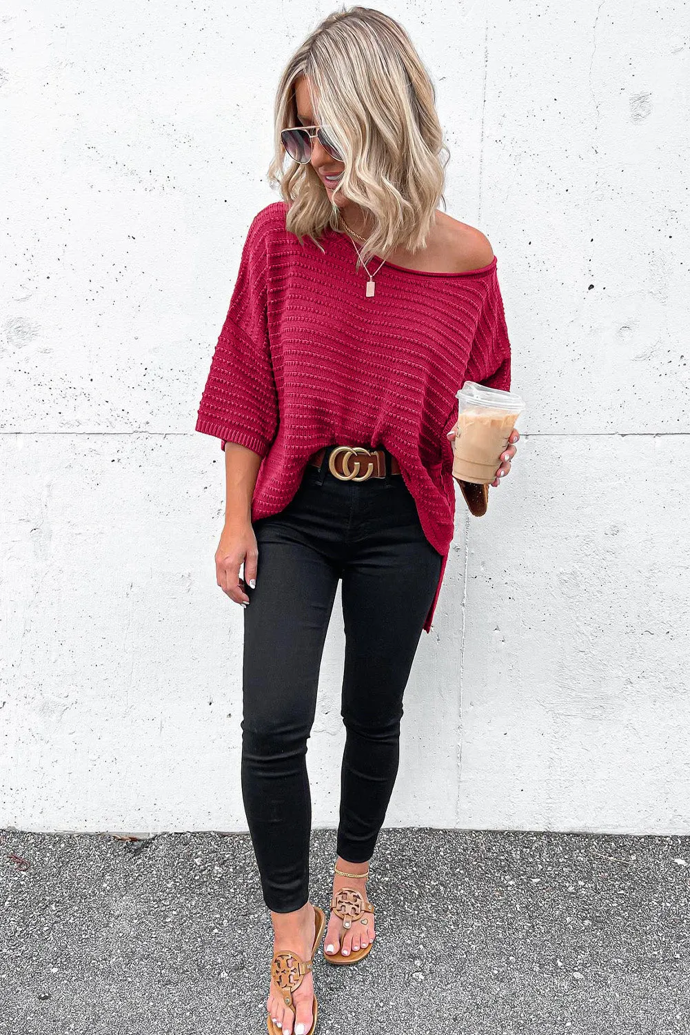 Rose Beige Textured Knit Drop Shoulder Tee