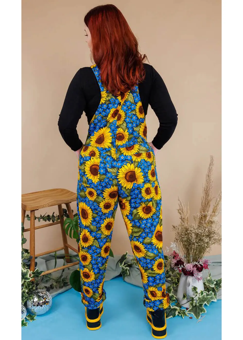 Run & Fly Forget Me Not Sunflowers 70's Dungarees Blue