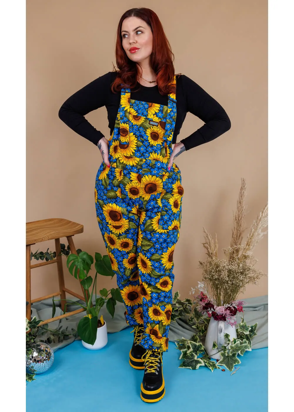 Run & Fly Forget Me Not Sunflowers 70's Dungarees Blue