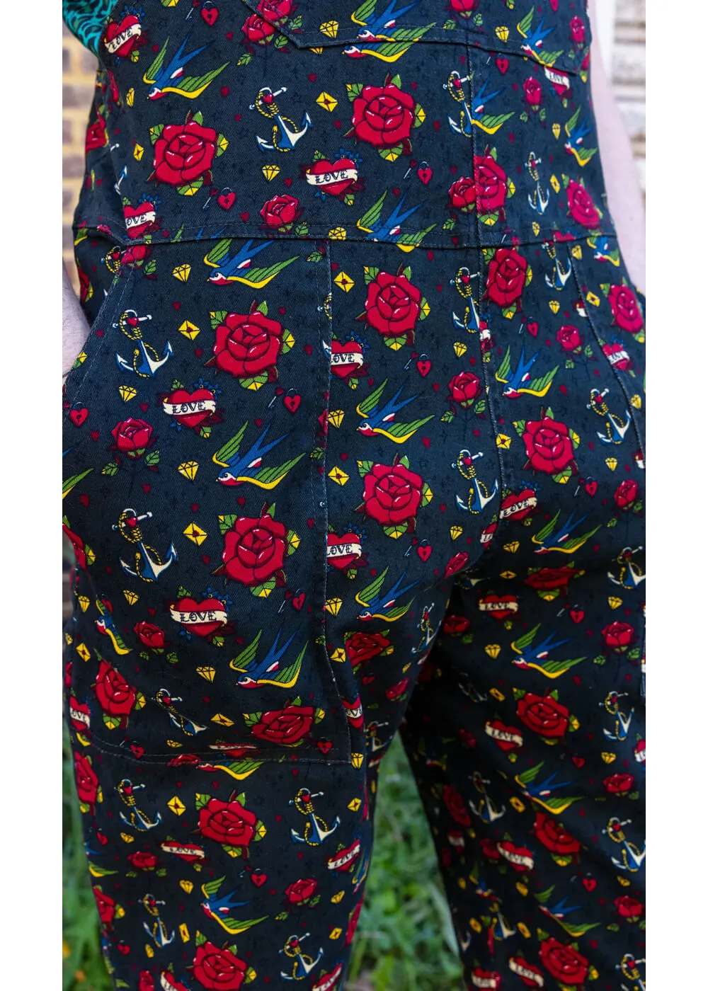 Run & Fly Retro Tattoo 70's Dungarees Black