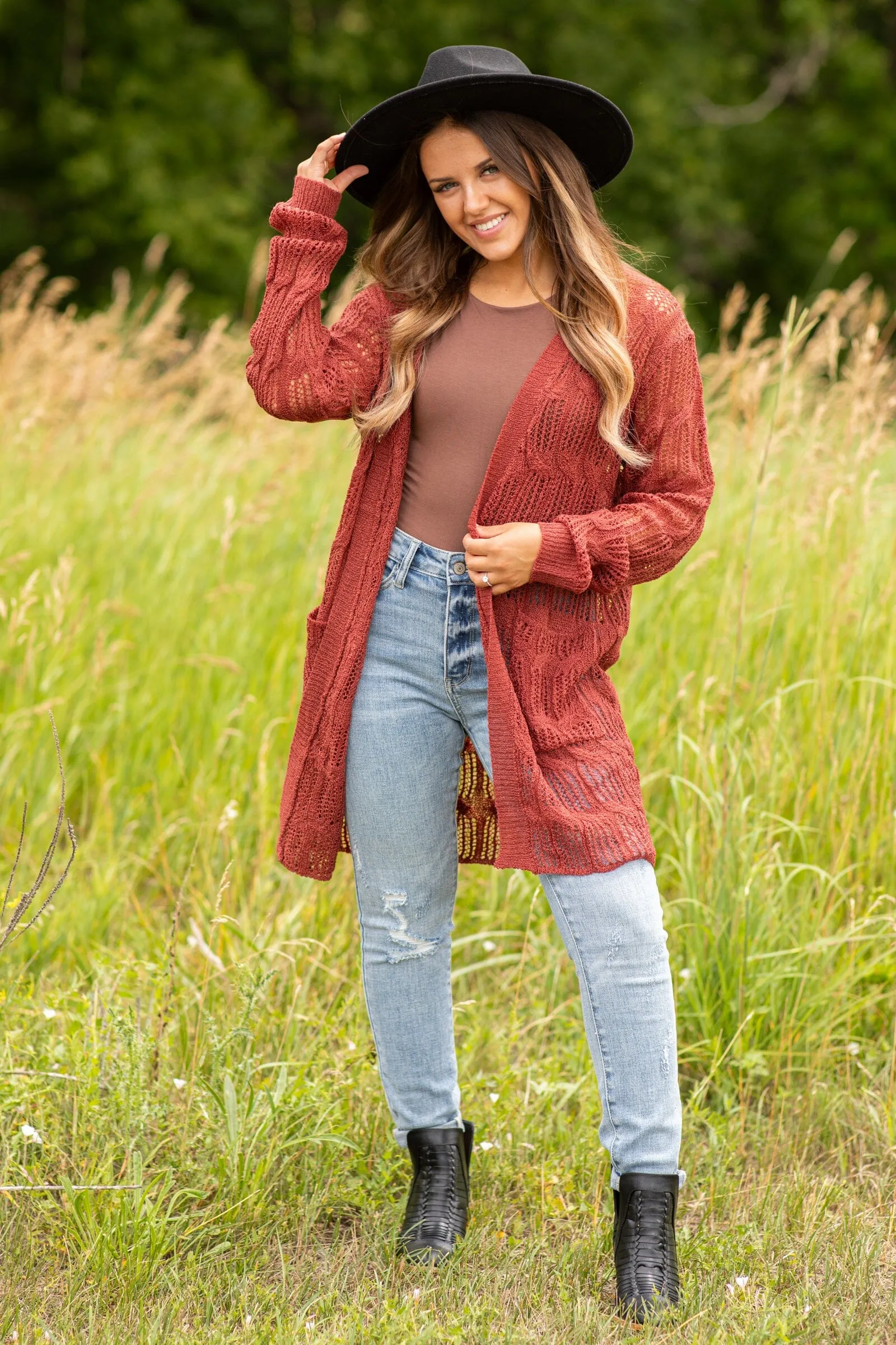 Rust Pointelle Cardigan With Pockets