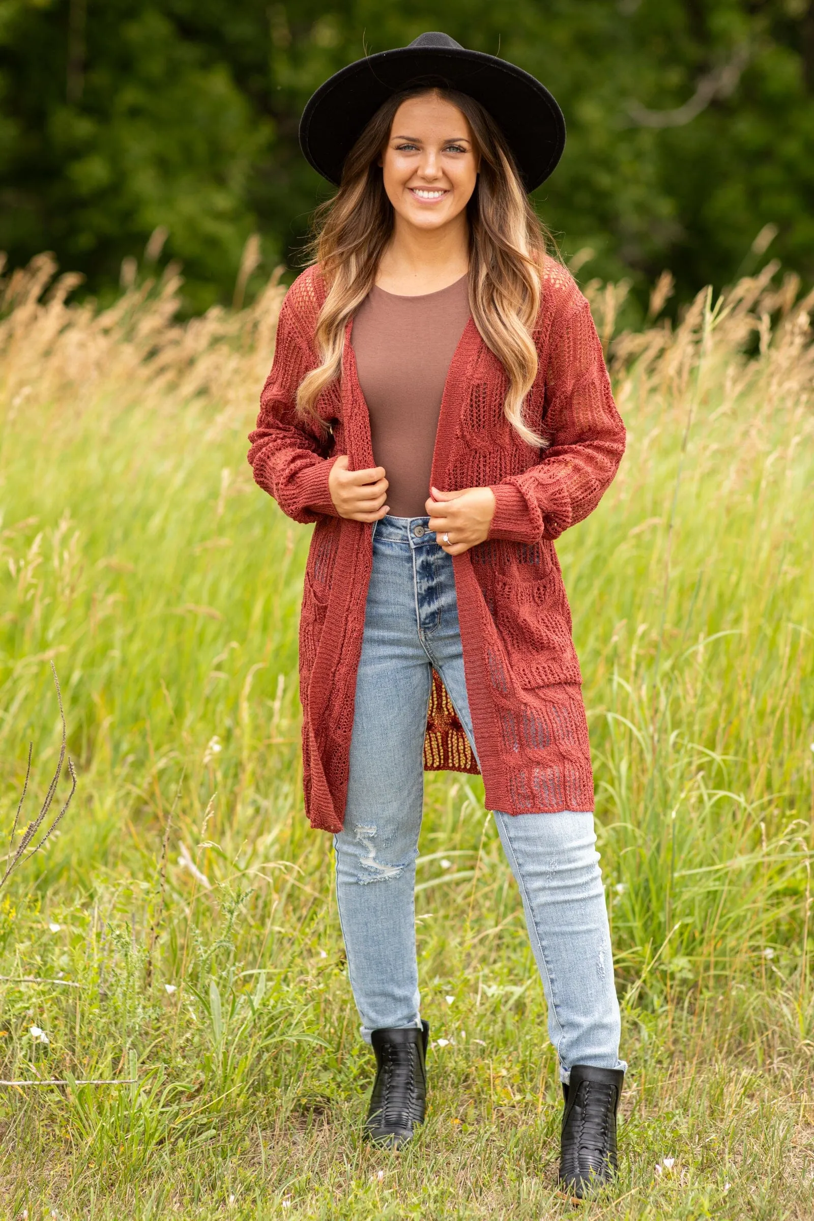 Rust Pointelle Cardigan With Pockets