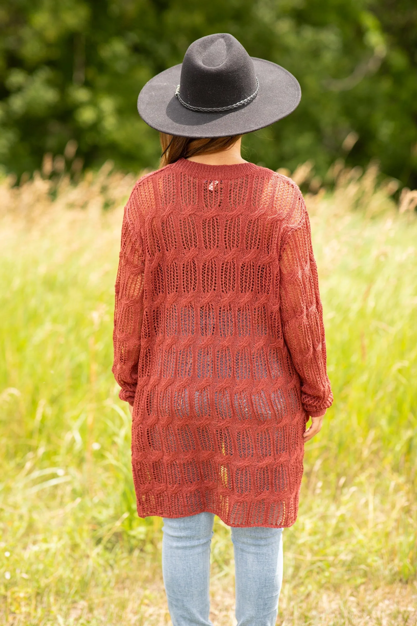 Rust Pointelle Cardigan With Pockets