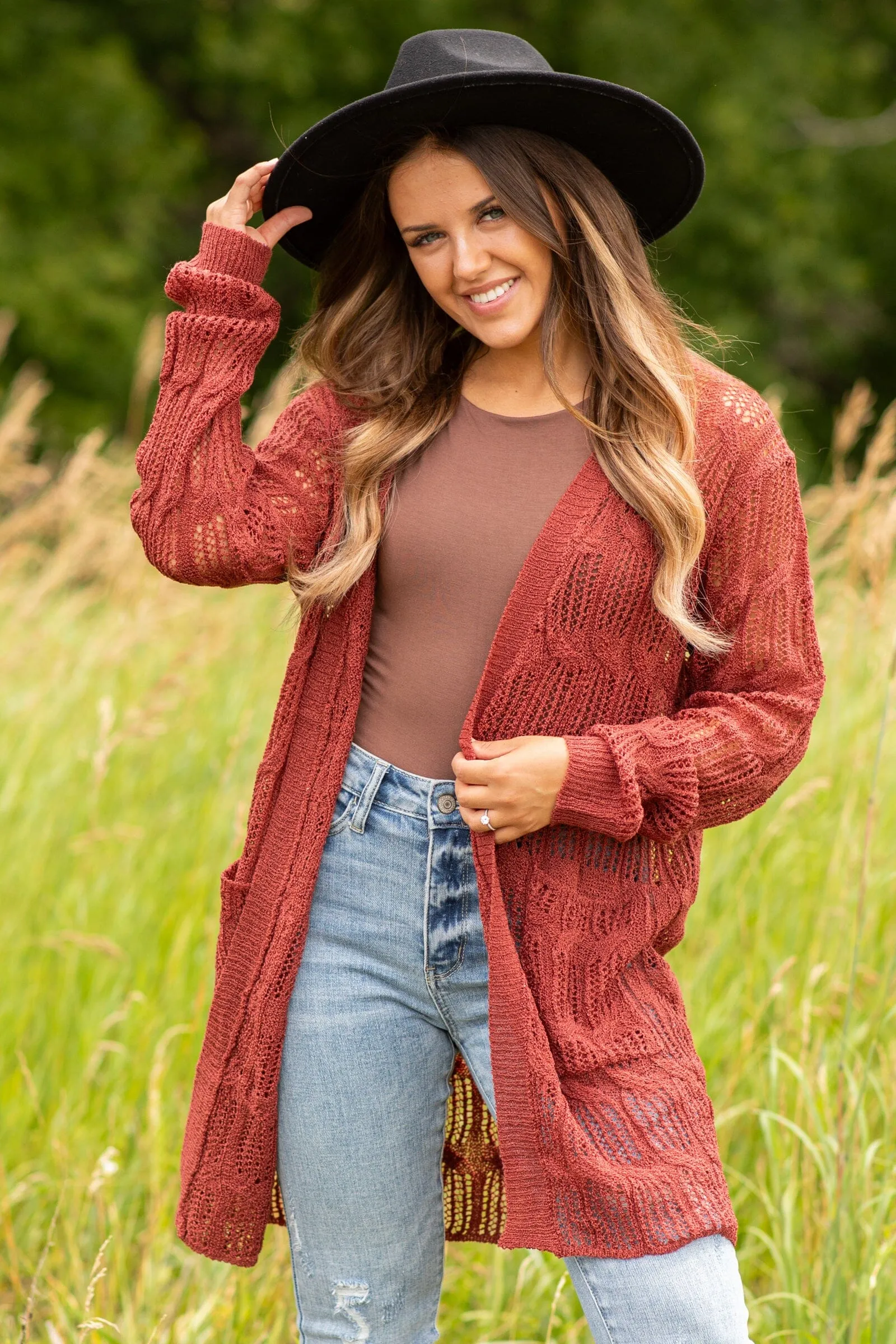 Rust Pointelle Cardigan With Pockets