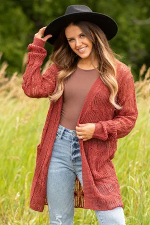 Rust Pointelle Cardigan With Pockets
