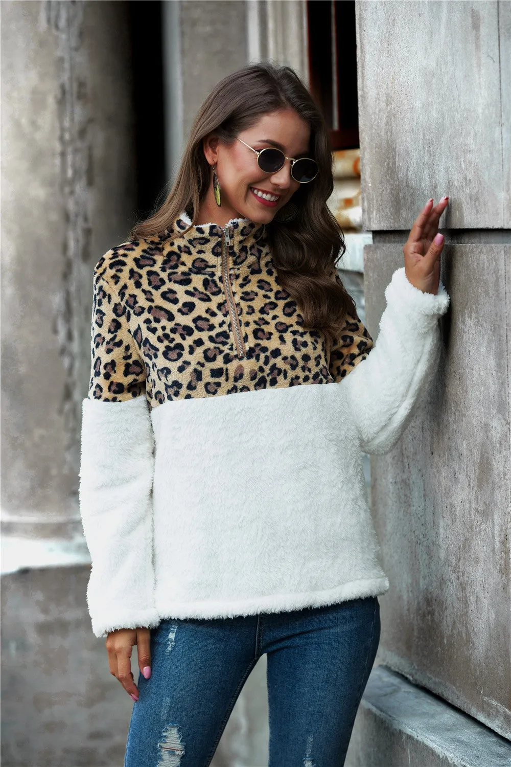 Rylee Leopard Color Block Half-Zip Collar Teddy