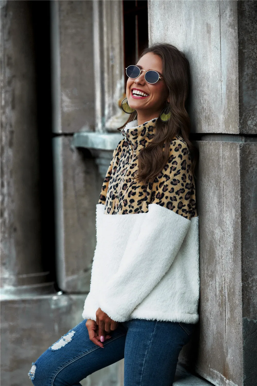 Rylee Leopard Color Block Half-Zip Collar Teddy