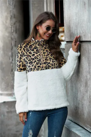 Rylee Leopard Color Block Half-Zip Collar Teddy