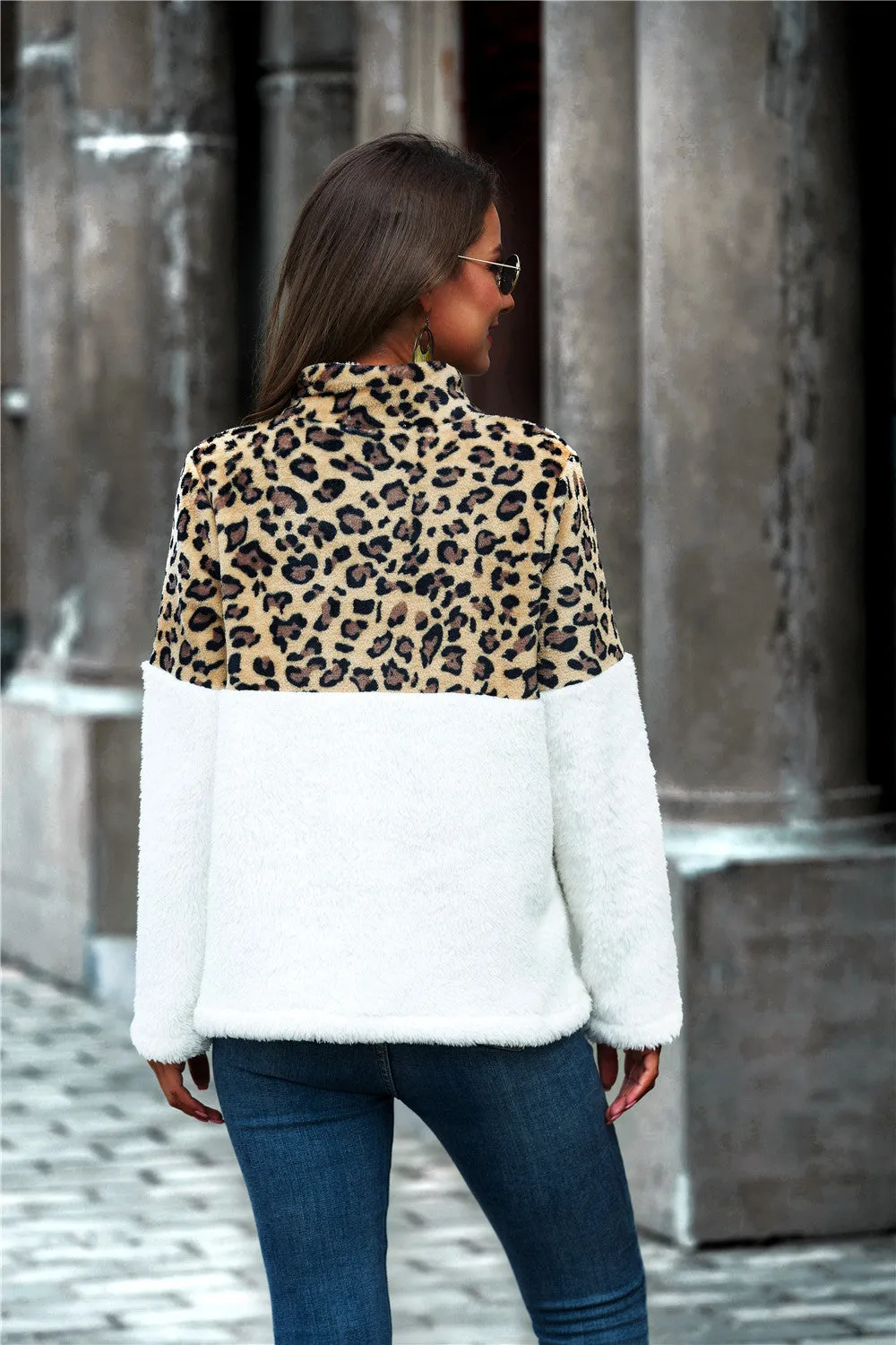 Rylee Leopard Color Block Half-Zip Collar Teddy
