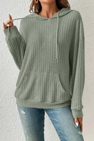 sage Green Wide Ribbed Knit Textured Hoodie
