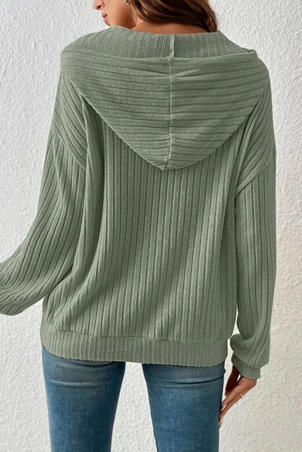 sage Green Wide Ribbed Knit Textured Hoodie
