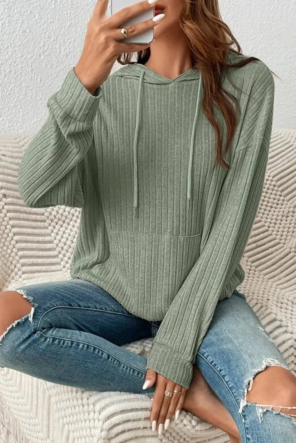 sage Green Wide Ribbed Knit Textured Hoodie