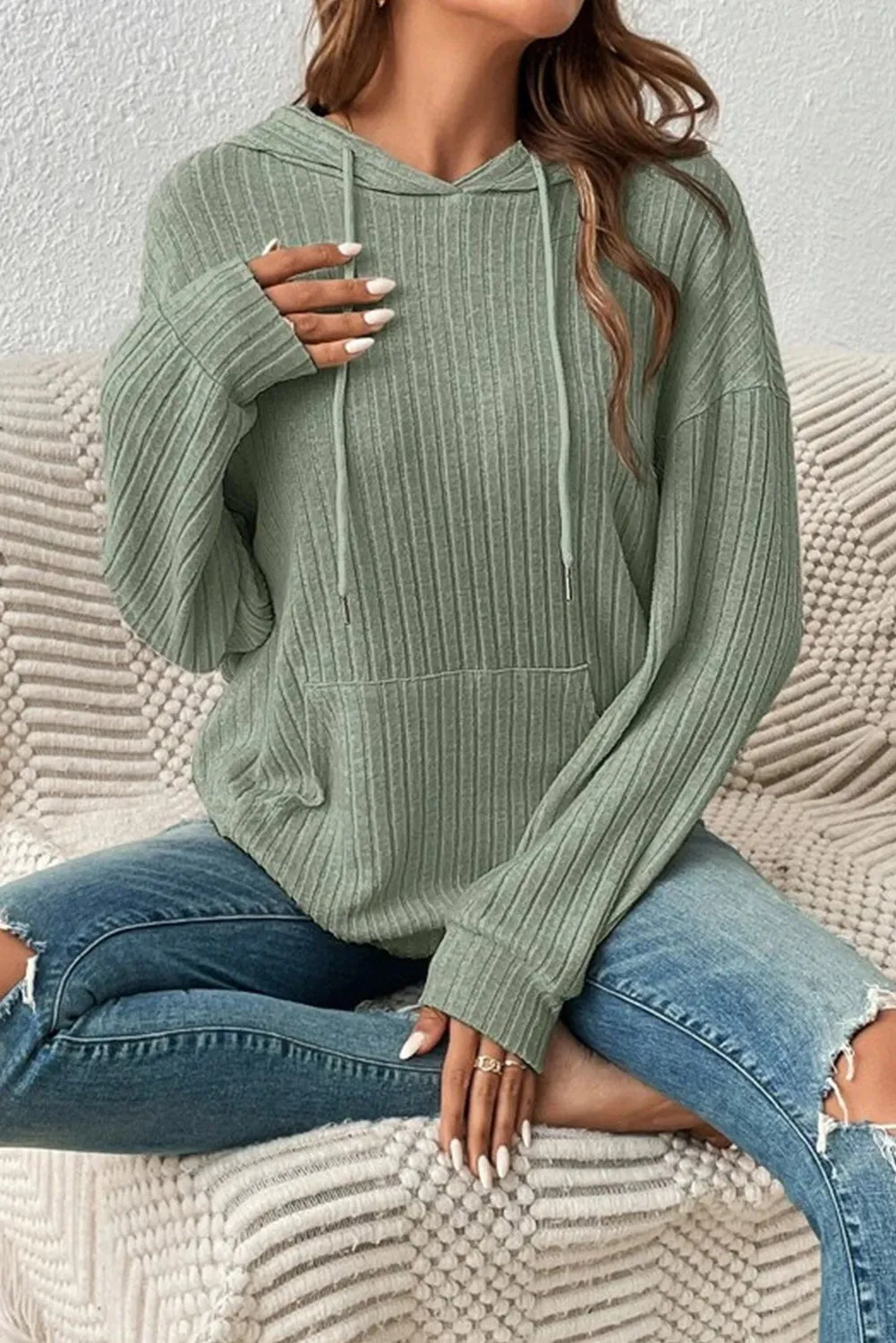 sage Green Wide Ribbed Knit Textured Hoodie