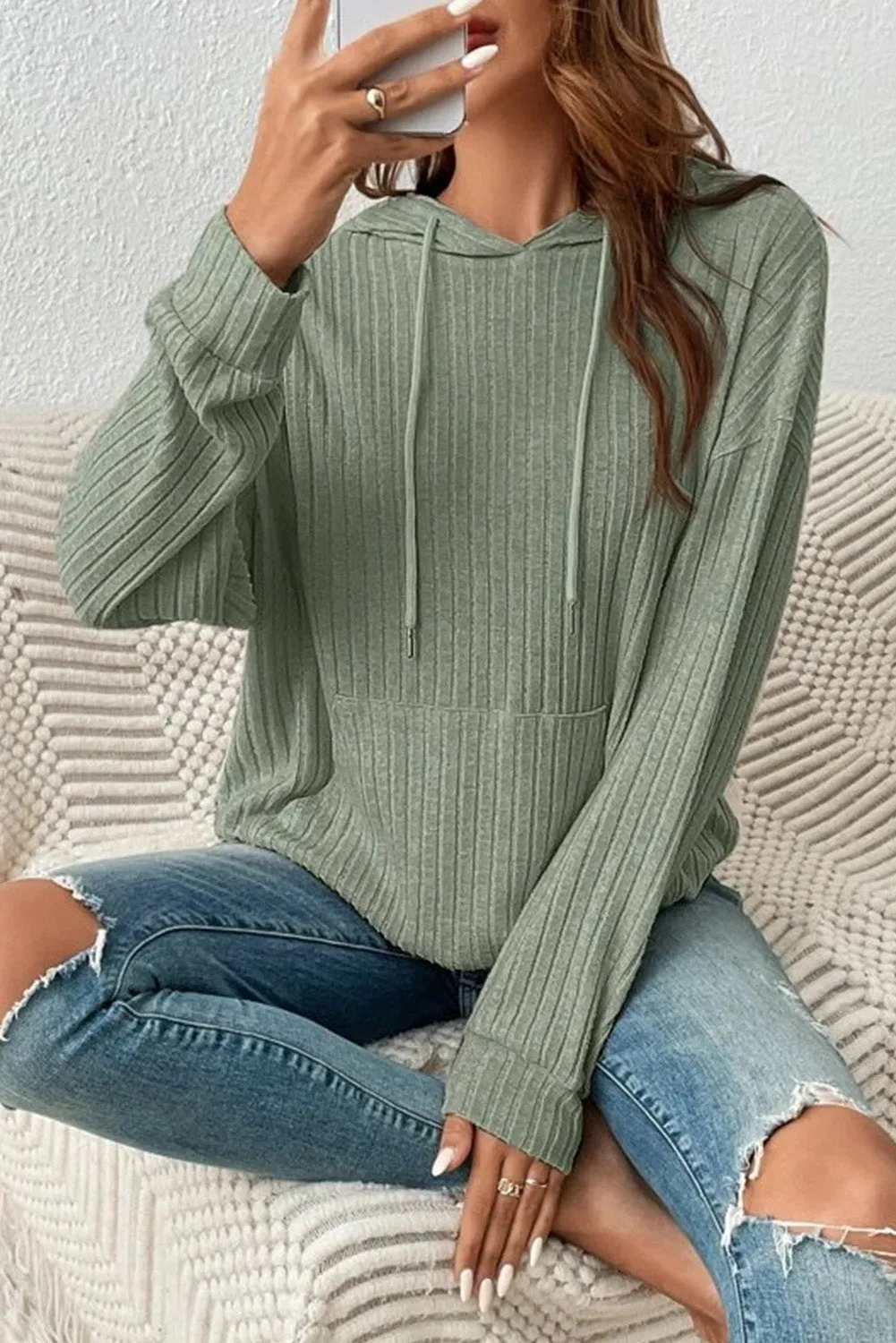 sage Green Wide Ribbed Knit Textured Hoodie