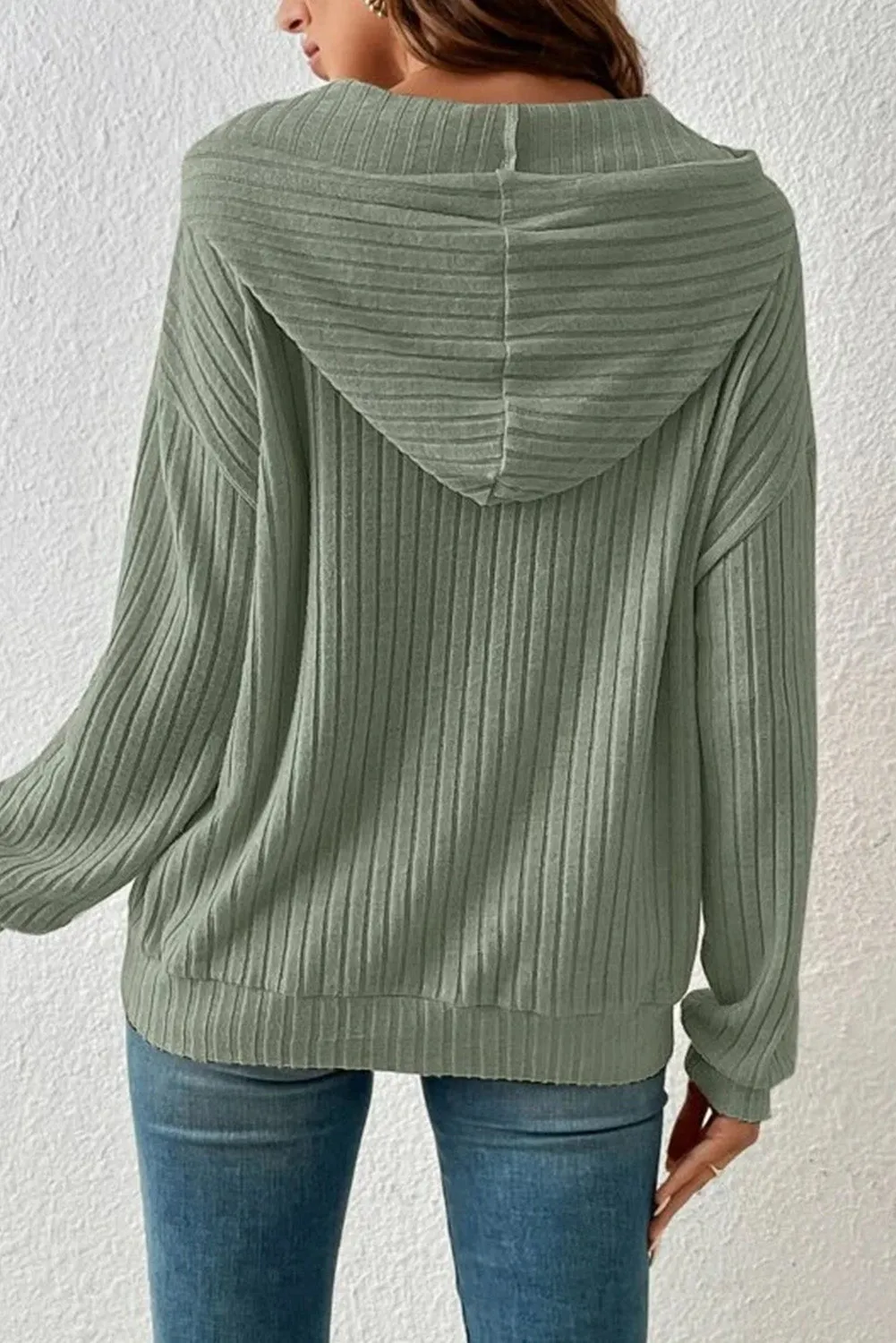 sage Green Wide Ribbed Knit Textured Hoodie