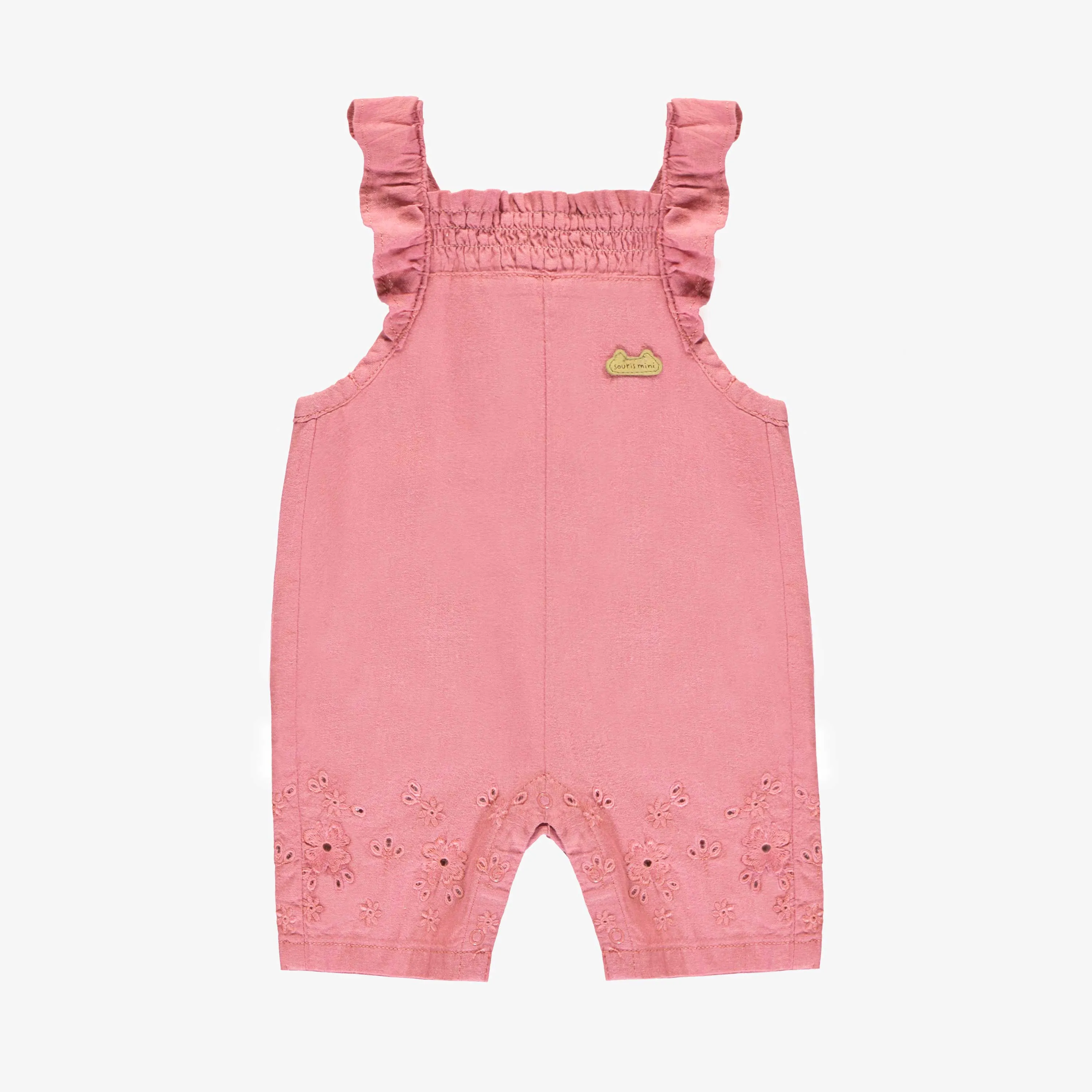 Salopette rose avec volants et broderies anglaises, naissance  || Pink overalls with ruffles and broderie anglaise, newborn