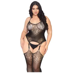 Seamless Jacquard Lace Suspender Bodystocking - Queen-Black