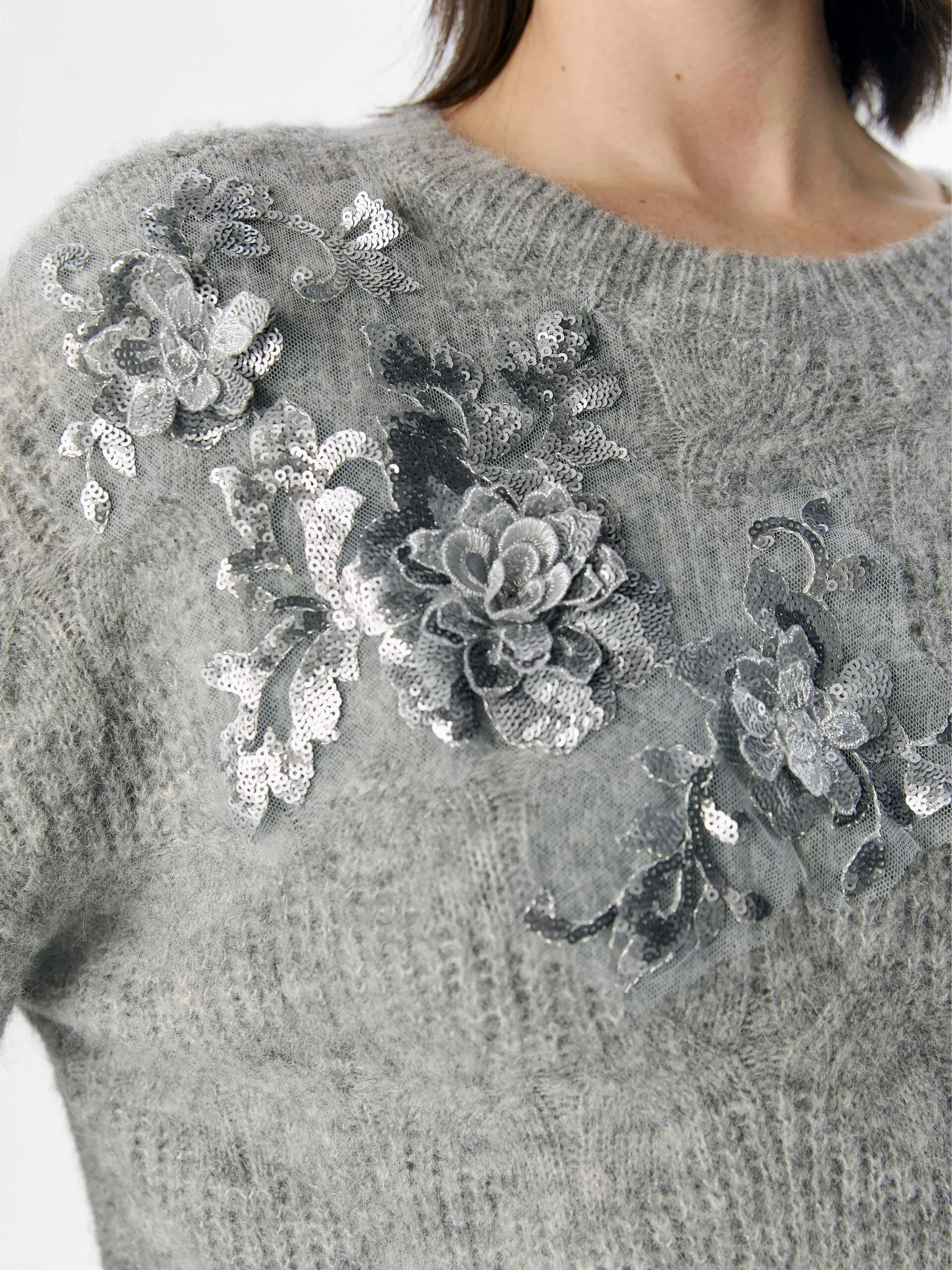 Sequin Detail Knitted Pullover - Grey