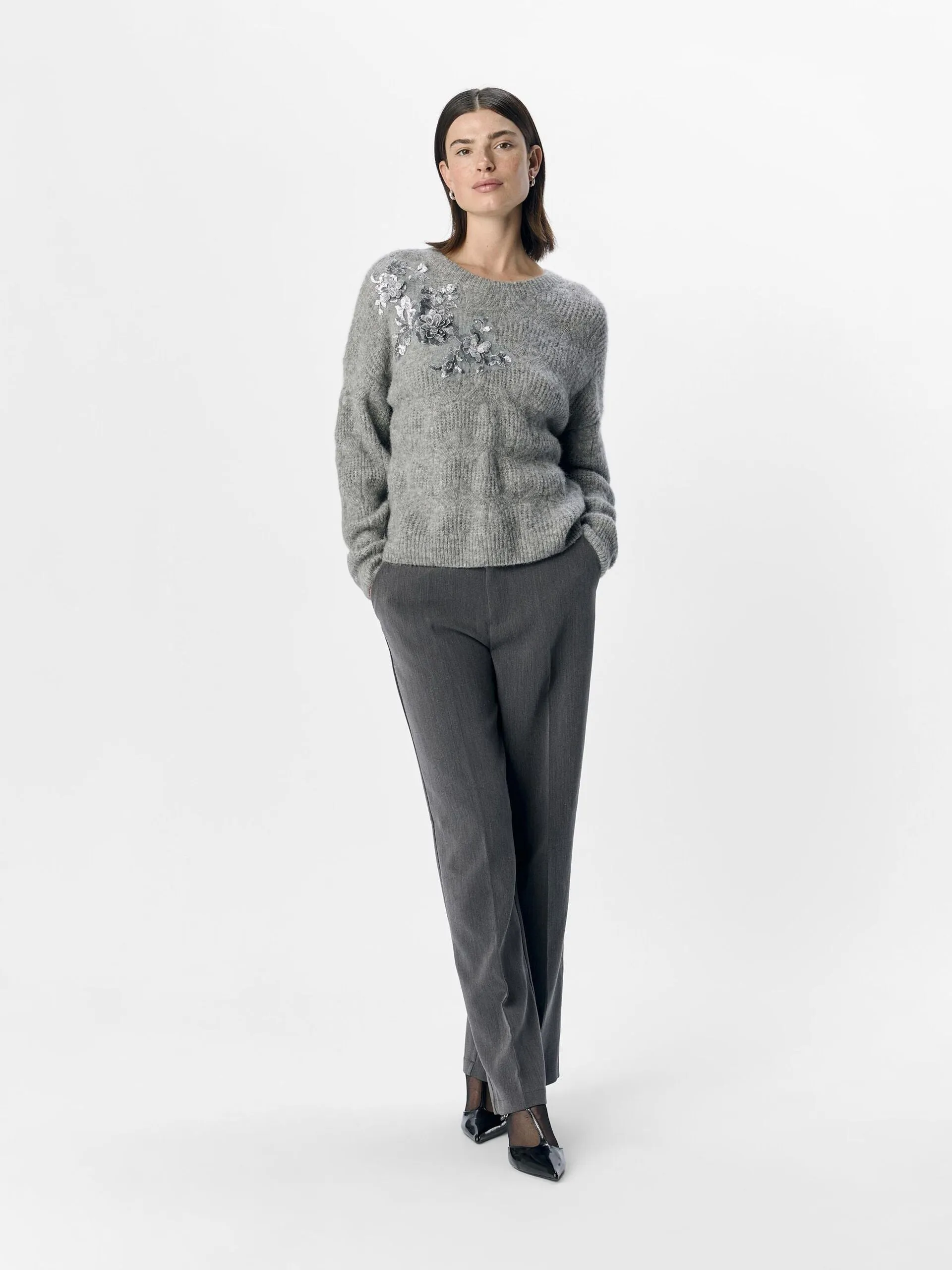 Sequin Detail Knitted Pullover - Grey