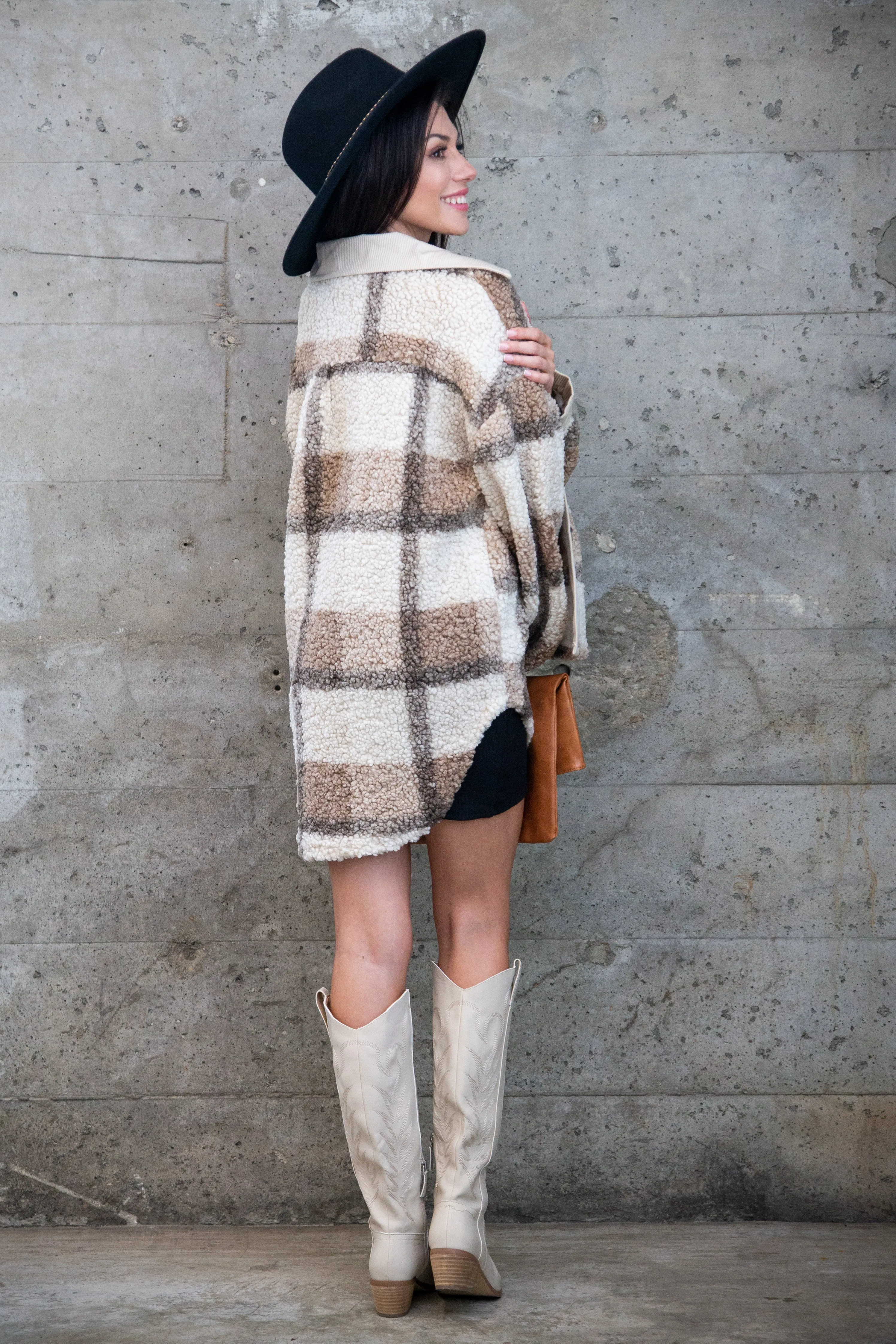 SERENITY PLAID BUTTON DOWN SHACKET ~ TAUPE